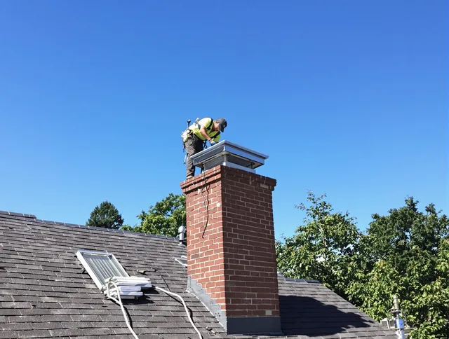 Madison Chimney Sweep technician measuring a chimney cap in Madison, CT
