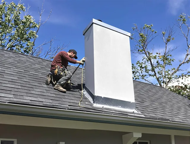 Madison Chimney Sweep team member finishing chimney construction in Madison, CT
